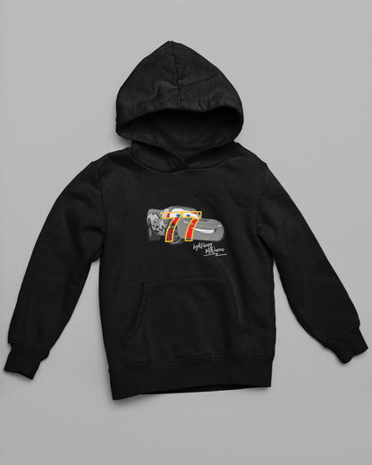 Front view of a black hoodie with a Disney Cars design featuring Lightning McQueen and the number 77.