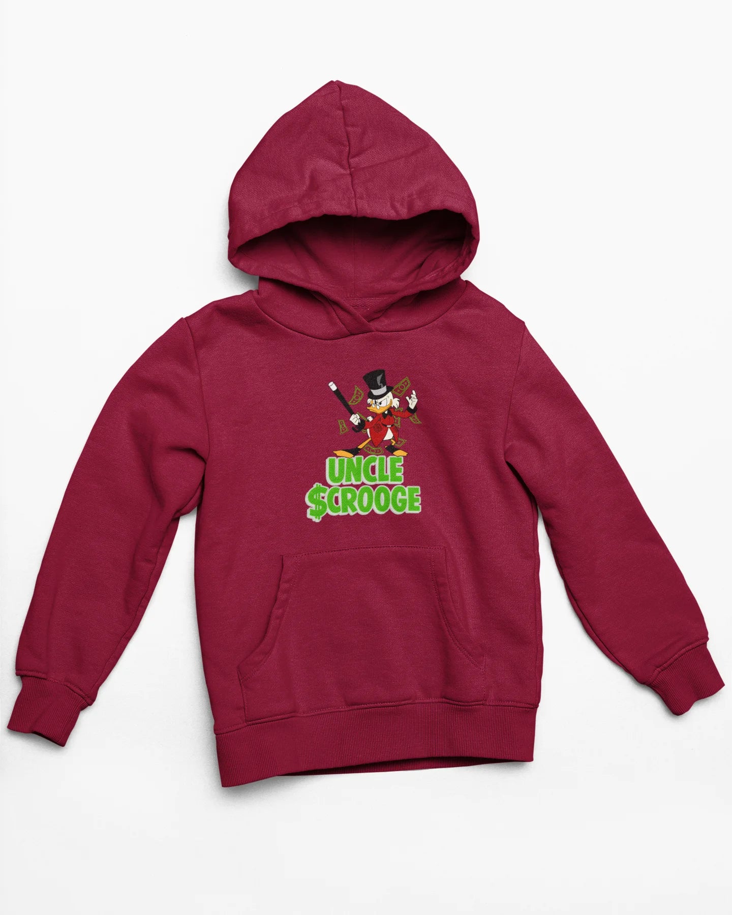 Front view of a maroon hoodie with a Disney Uncle Scrooge design, showing dollar bills raining down on him.