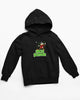 Front view of a black hoodie with a Disney Uncle Scrooge design, showing dollar bills raining down on him.