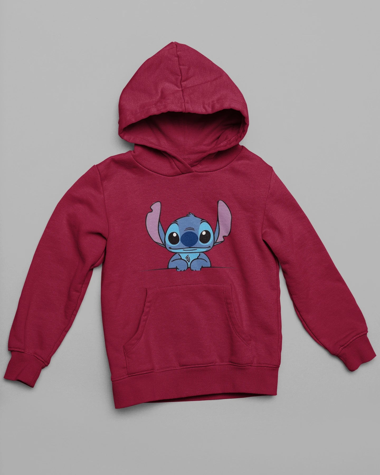 First front view of matching maroon hoodies, one with a Stitch design and the other with an Angel design.