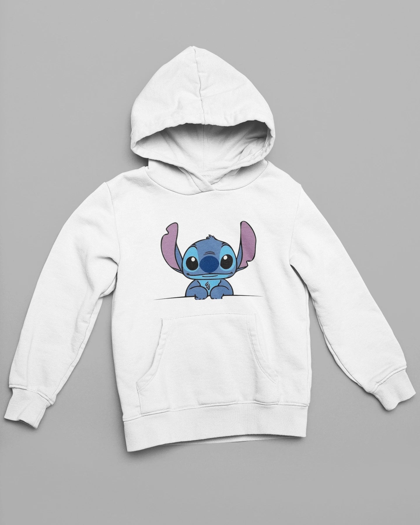 2nd front view of matching white hoodies, one with a Stitch design and the other with an Angel design.
