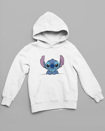 2nd front view of matching white hoodies, one with a Stitch design and the other with an Angel design.