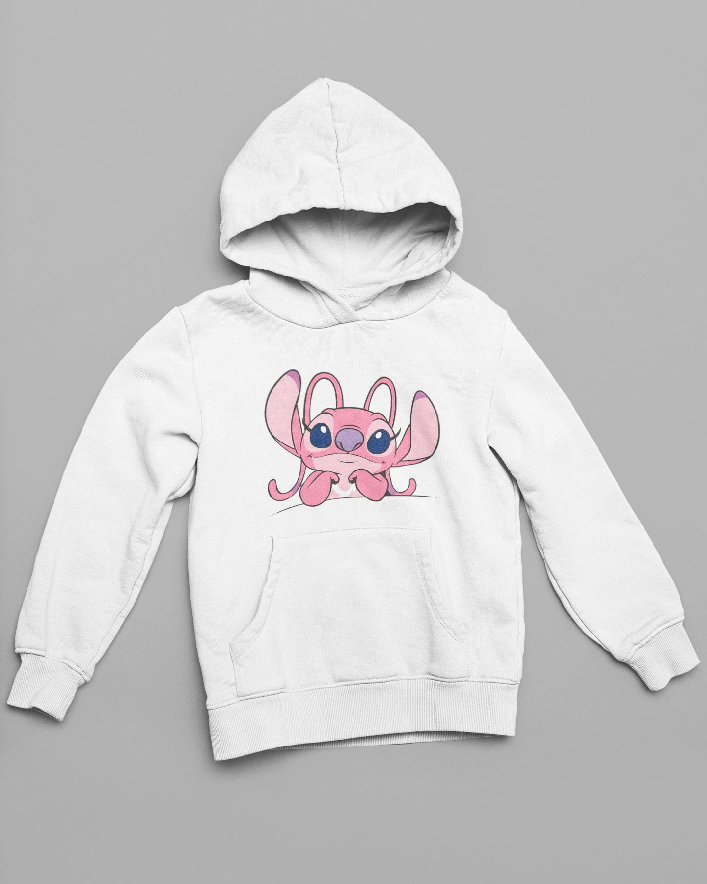 First front view of matching white hoodies, one with a Stitch design and the other with an Angel design.