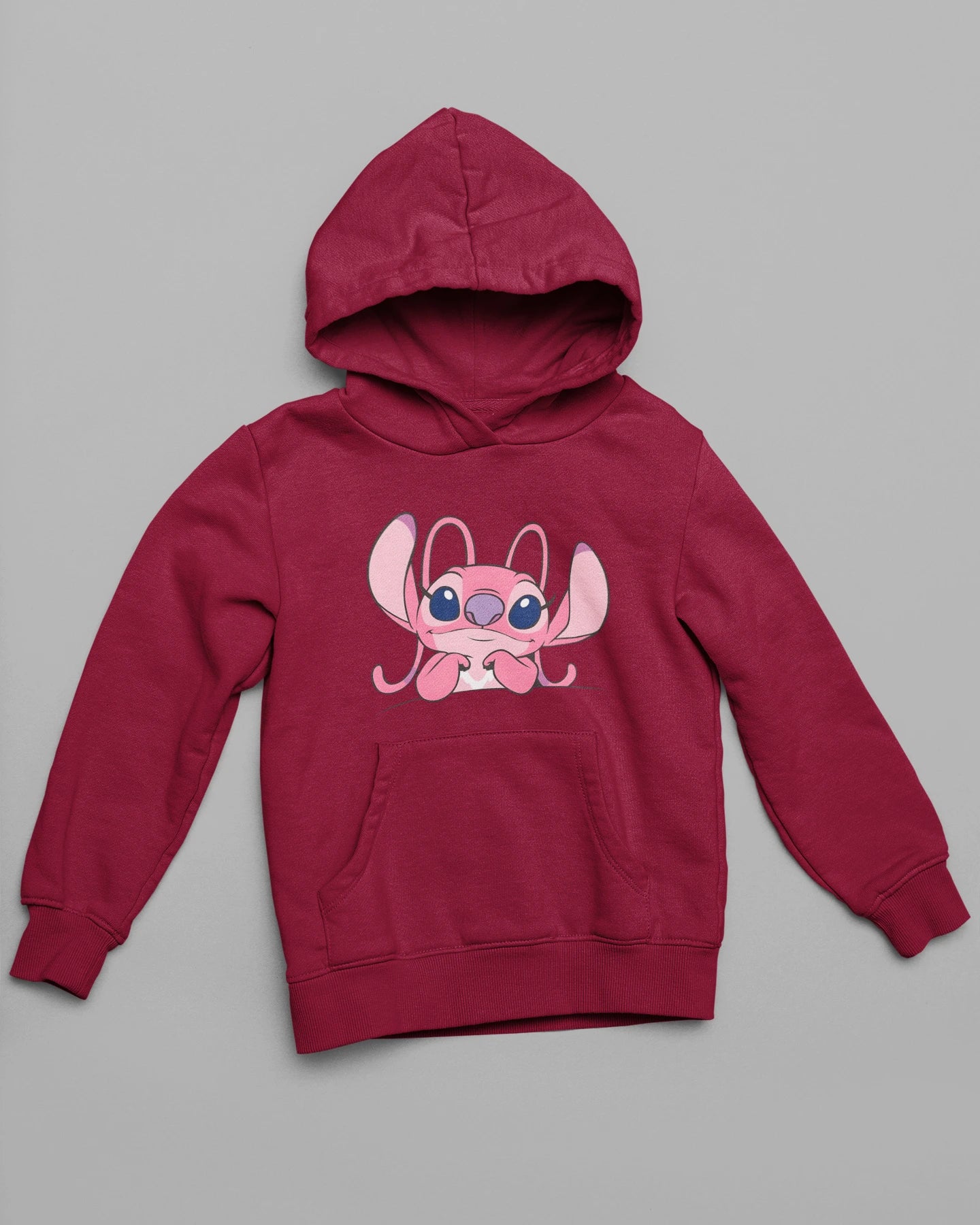 2nd front view of matching maroon hoodies, one with a Stitch design and the other with an Angel design.