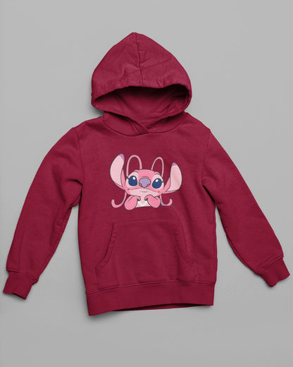 2nd front view of matching maroon hoodies, one with a Stitch design and the other with an Angel design.