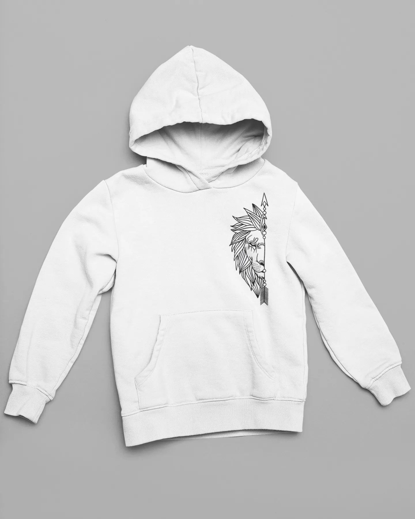 Front view of a couple's hoodie, one with a lion outline .