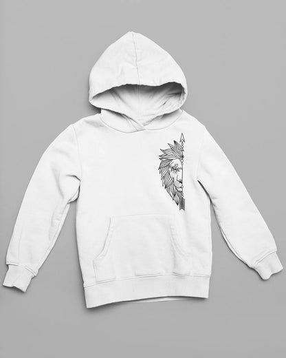 Front view of a couple's hoodie, one with a lion outline .