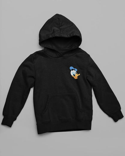 Front view of a black hoodie with a Disney Donald Duck design, showing him rubbing his head after a mishap.