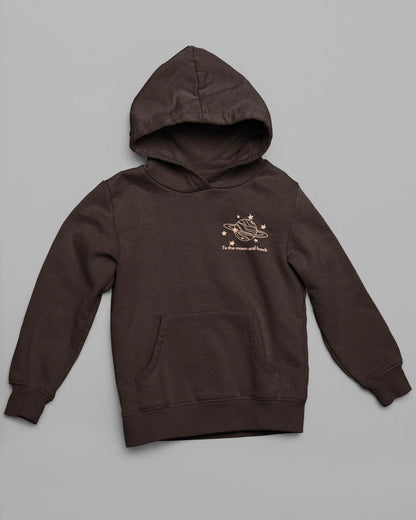 2nd front view of a matching chocolate brown hoodies, one with an astronaut design and the other with a planet design, along with the text "To the Moon and Back."