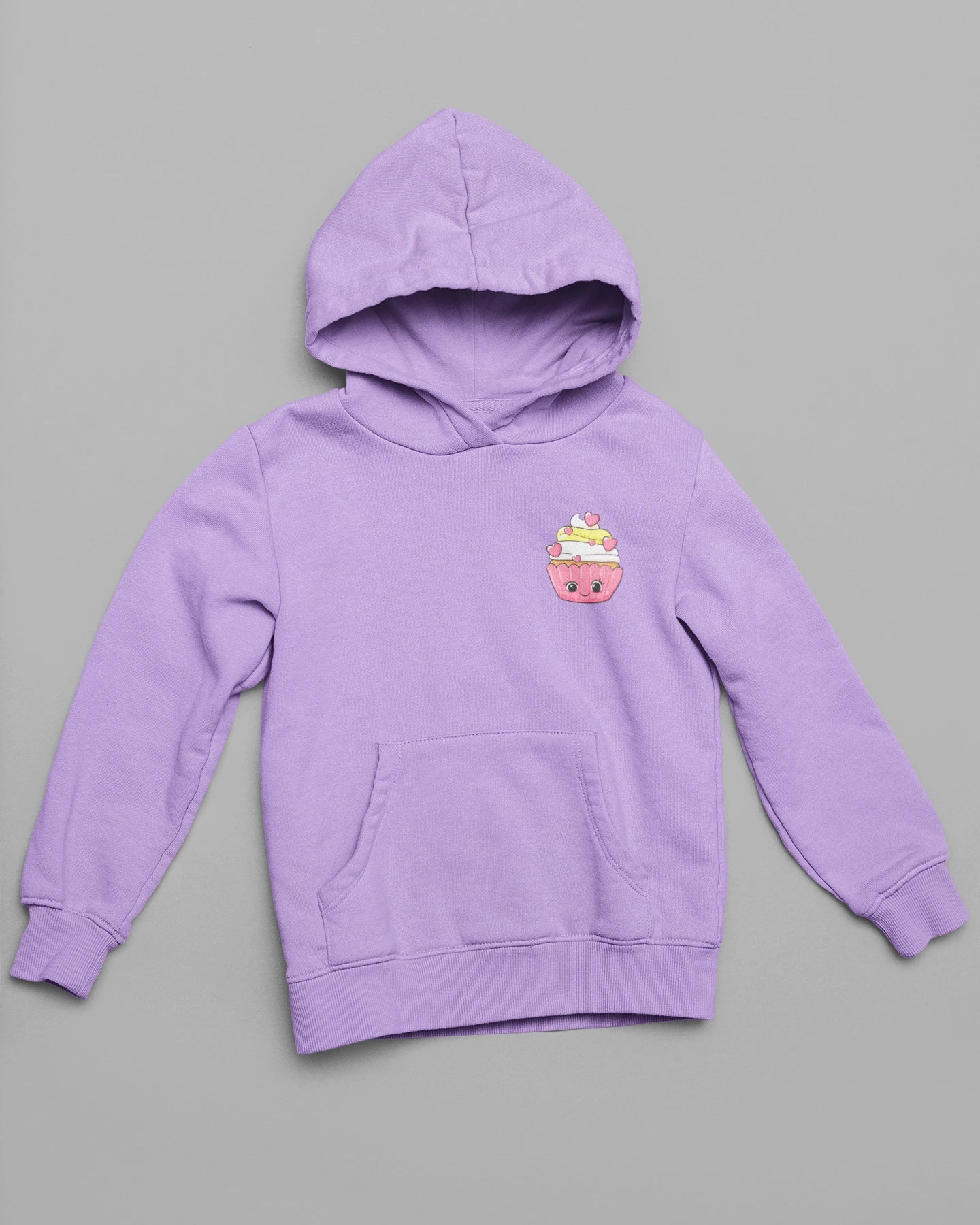 Front view of a lavender hoodie, one with a animated cupcake.