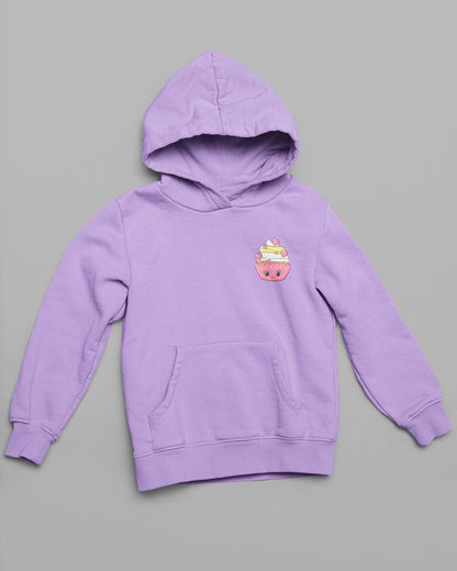 Front view of a lavender hoodie, one with a animated cupcake.