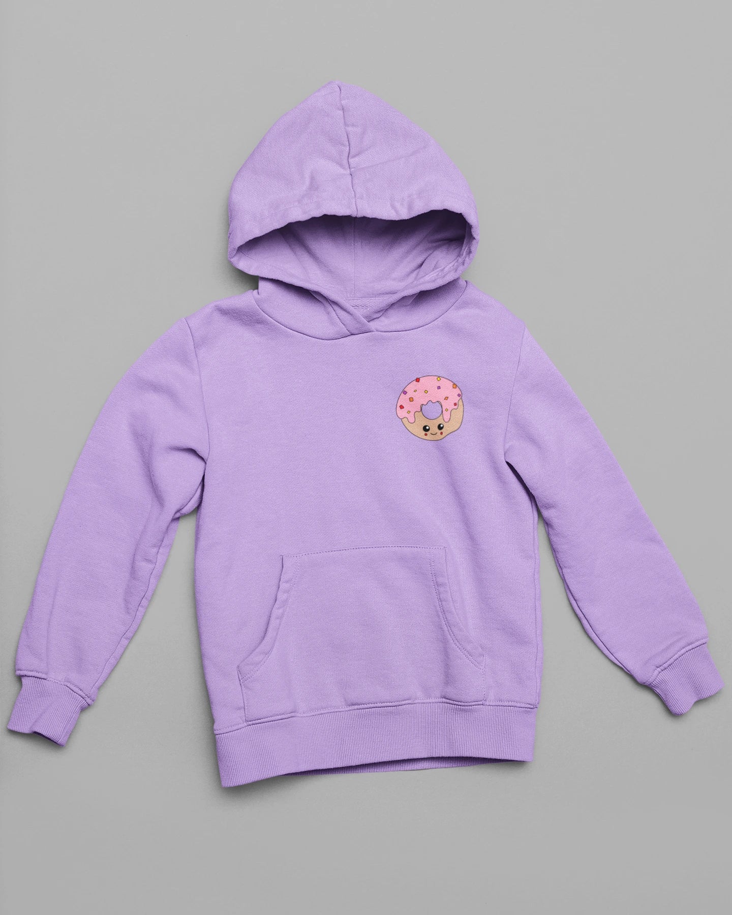 Front view of a couple lavender hoodie, one with a animated donut.