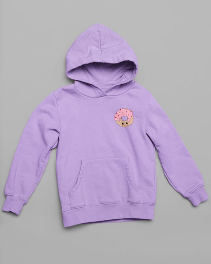 Front view of a couple lavender hoodie, one with a animated donut.