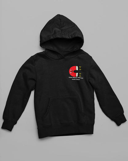 Front view of a couples hoodies with a design of two animated magnets attracting each other, and the text "Cute Things Attract".