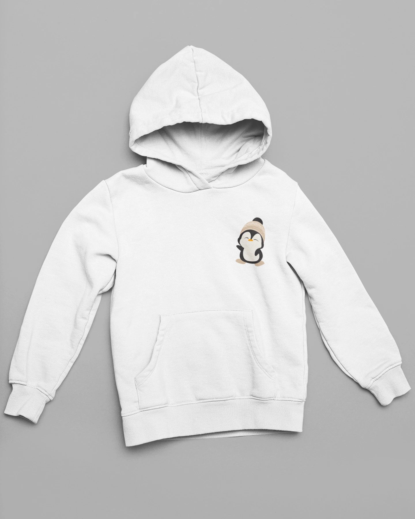 2nd front view of matching cream hoodies with a design of two penguins wearing woolen hats.