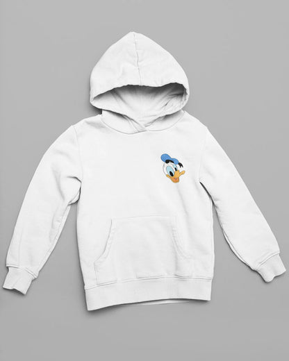 Front view of a off-white hoodie with a Disney Donald Duck design, showing him rubbing his head after a mishap.