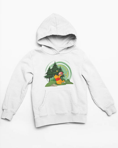 Close up front view of a off-white hoodie with a Winnie the Pooh design, showing the Disney bear eating honey from a jar in a forest.