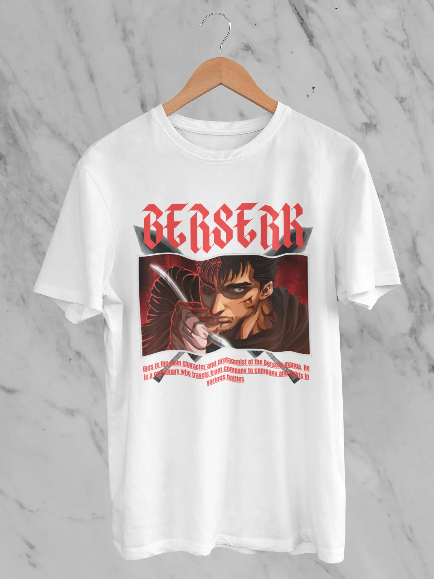 Front view of an off-white oversized t-shirt featuring Guts from the Berserk anime with the text "Berserk" across the design.