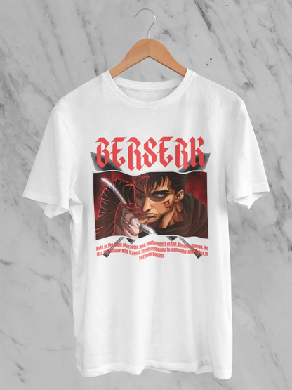 Front view of an off-white oversized t-shirt featuring Guts from the Berserk anime with the text "Berserk" across the design.