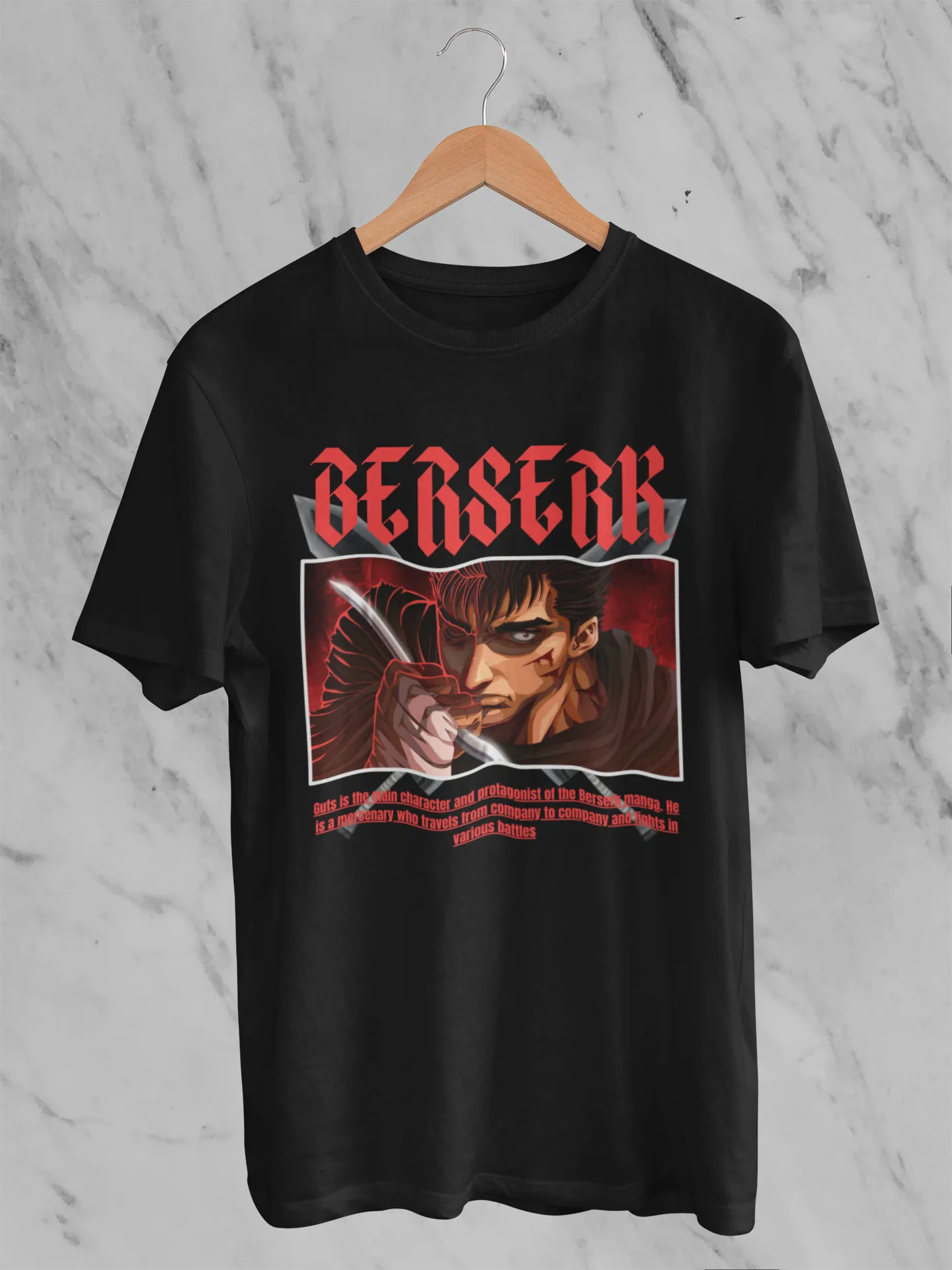 Front view of an black oversized t-shirt featuring Guts from the Berserk anime with the text "Berserk" across the design.