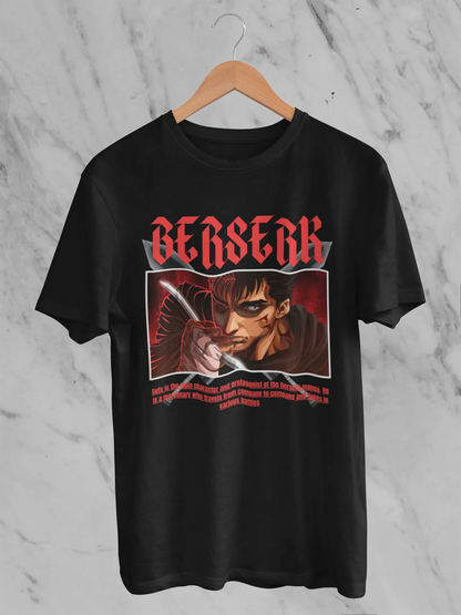 Front view of an black oversized t-shirt featuring Guts from the Berserk anime with the text "Berserk" across the design.
