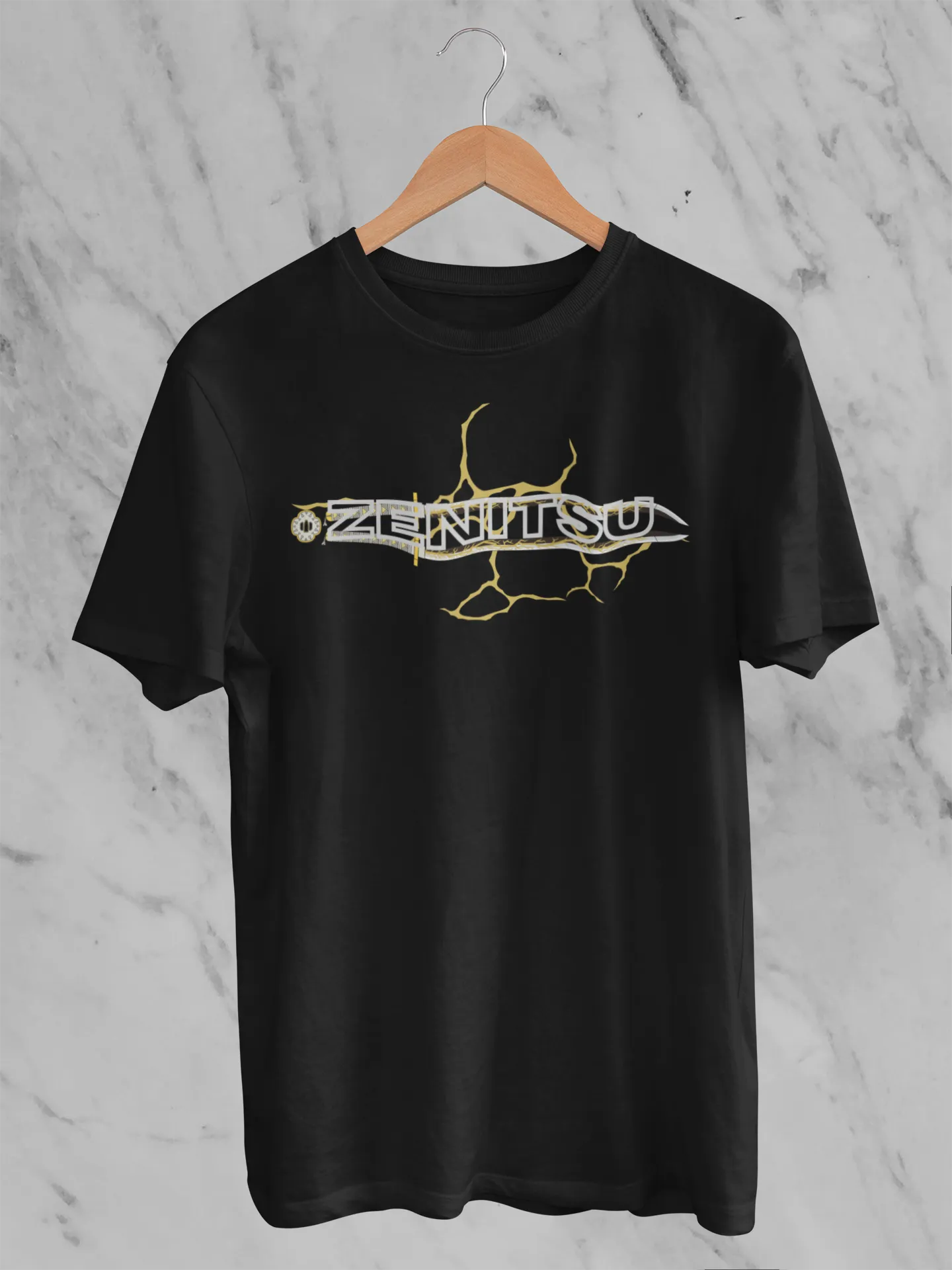 Front view of a black oversized t-shirt featuring Zenitsu Agatsuma with the text "High Voltage".
