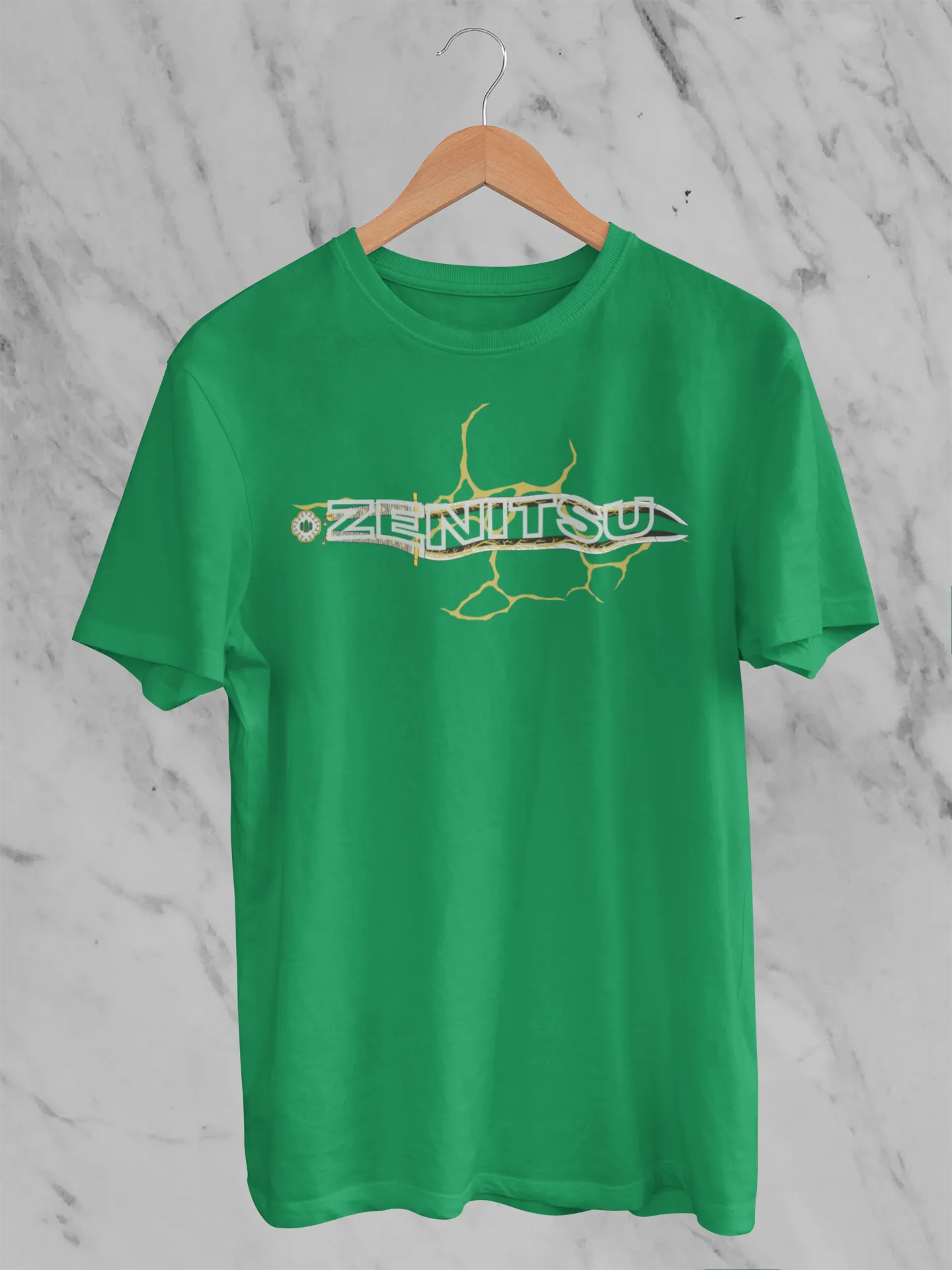 Front view of a forest green oversized t-shirt featuring Zenitsu Agatsuma with the text "High Voltage".