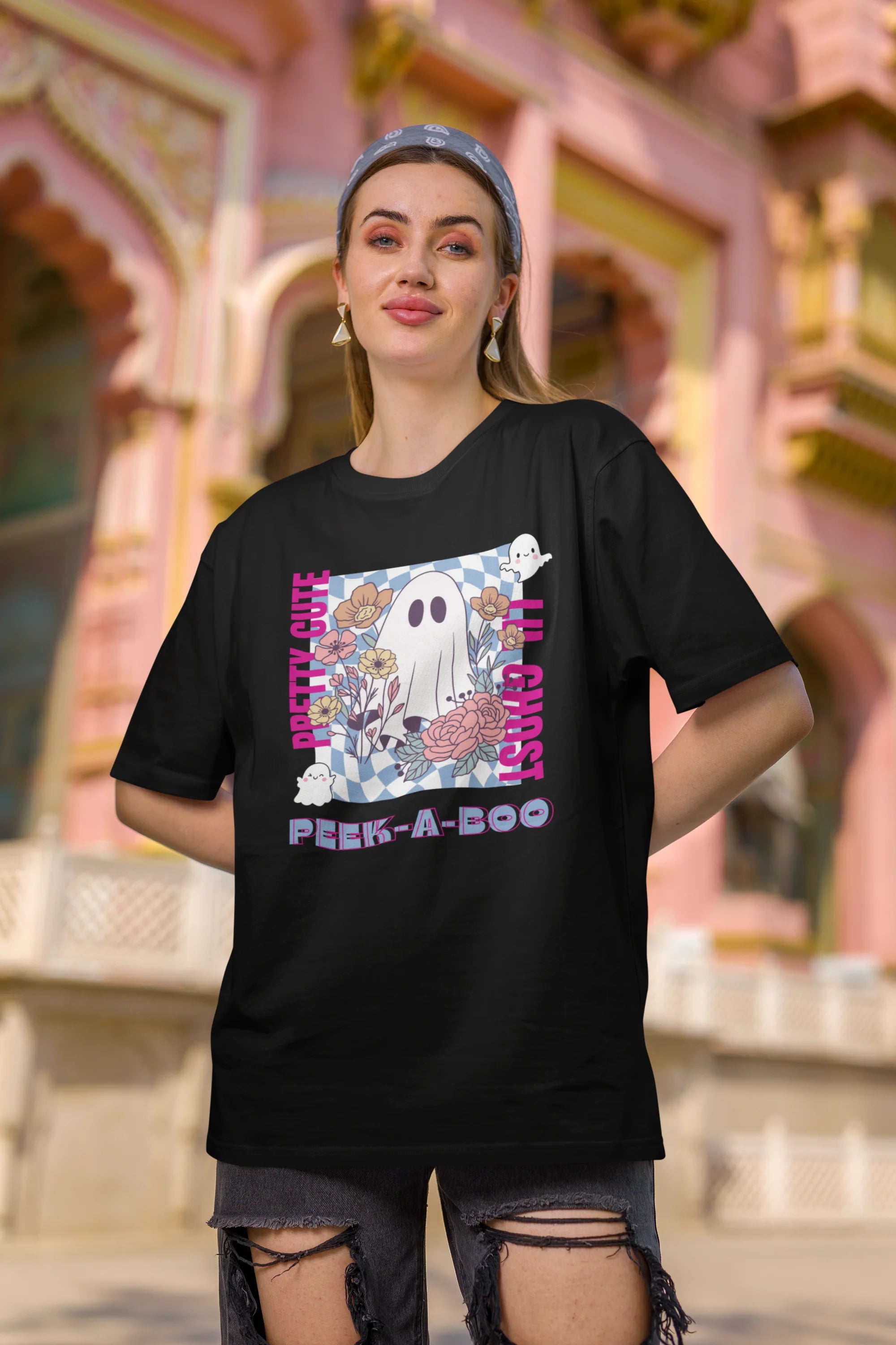 Pretty Cute Little Ghost | Typography | Premium Oversized Half Sleeve Unisex T-Shirt