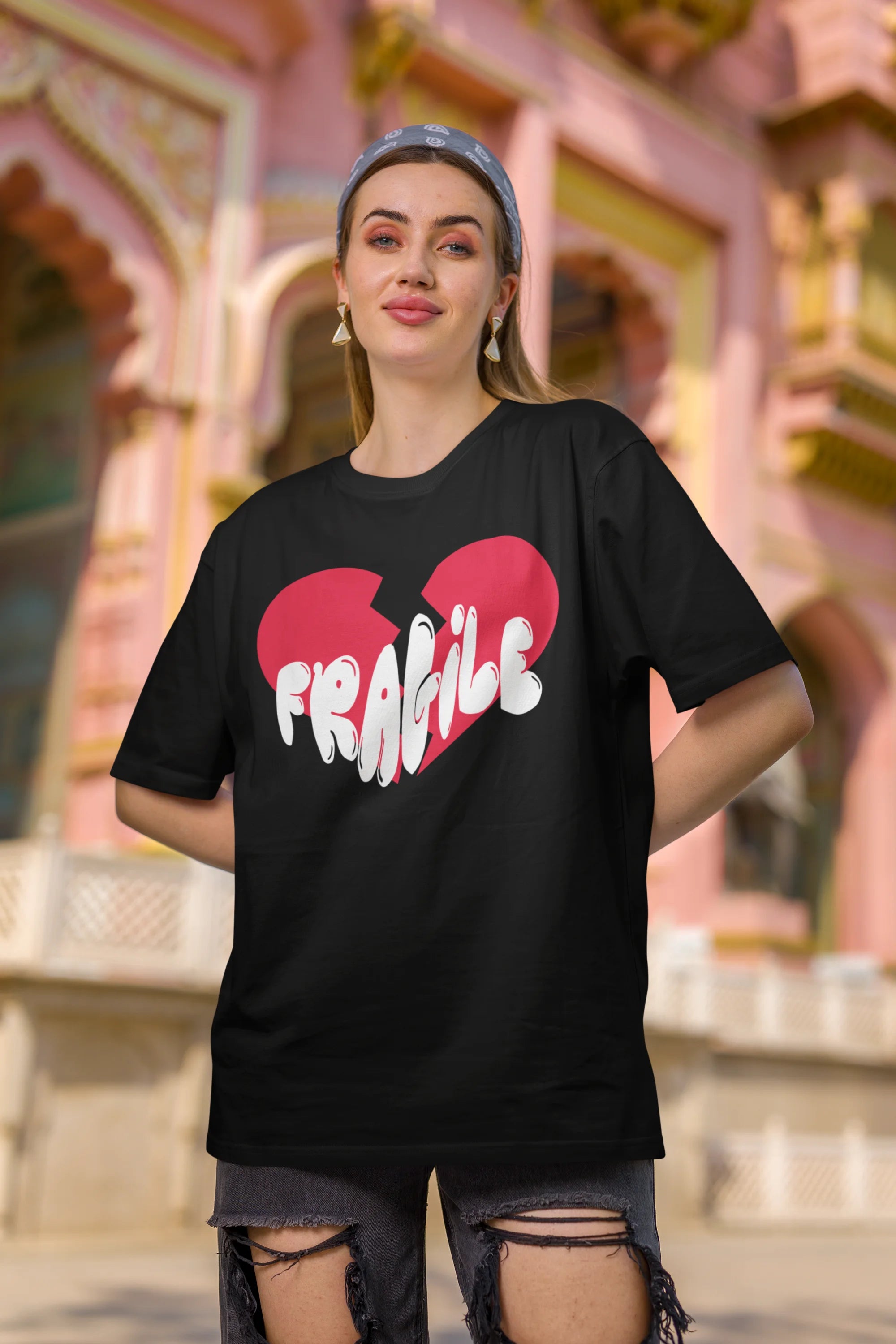 Fragile | Typography | Premium Oversized Half Sleeve Unisex T-Shirt