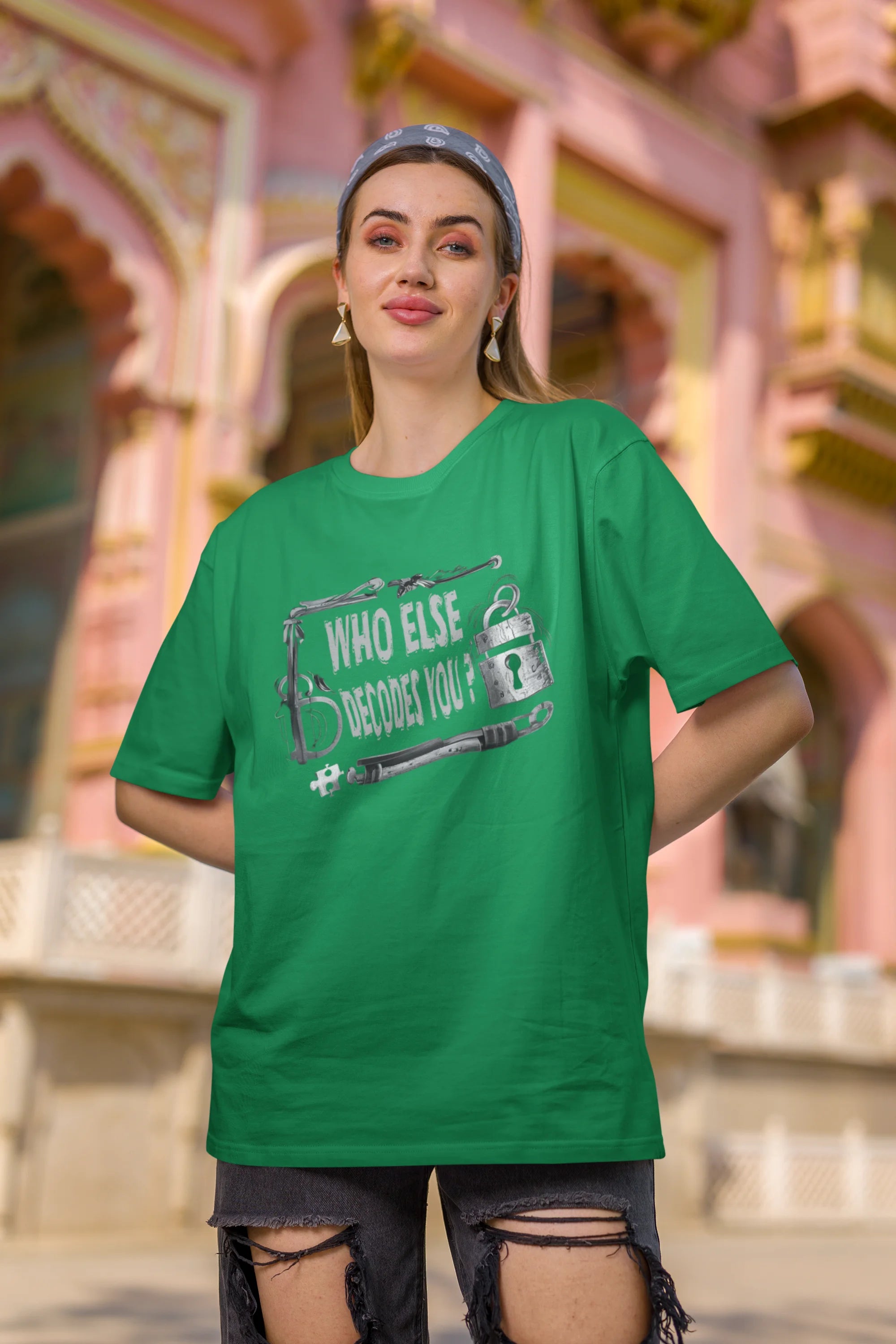 Third image of woman wearing green coloured Oversized Taylor Swift T-Shirt featuring TTPD inspired design.