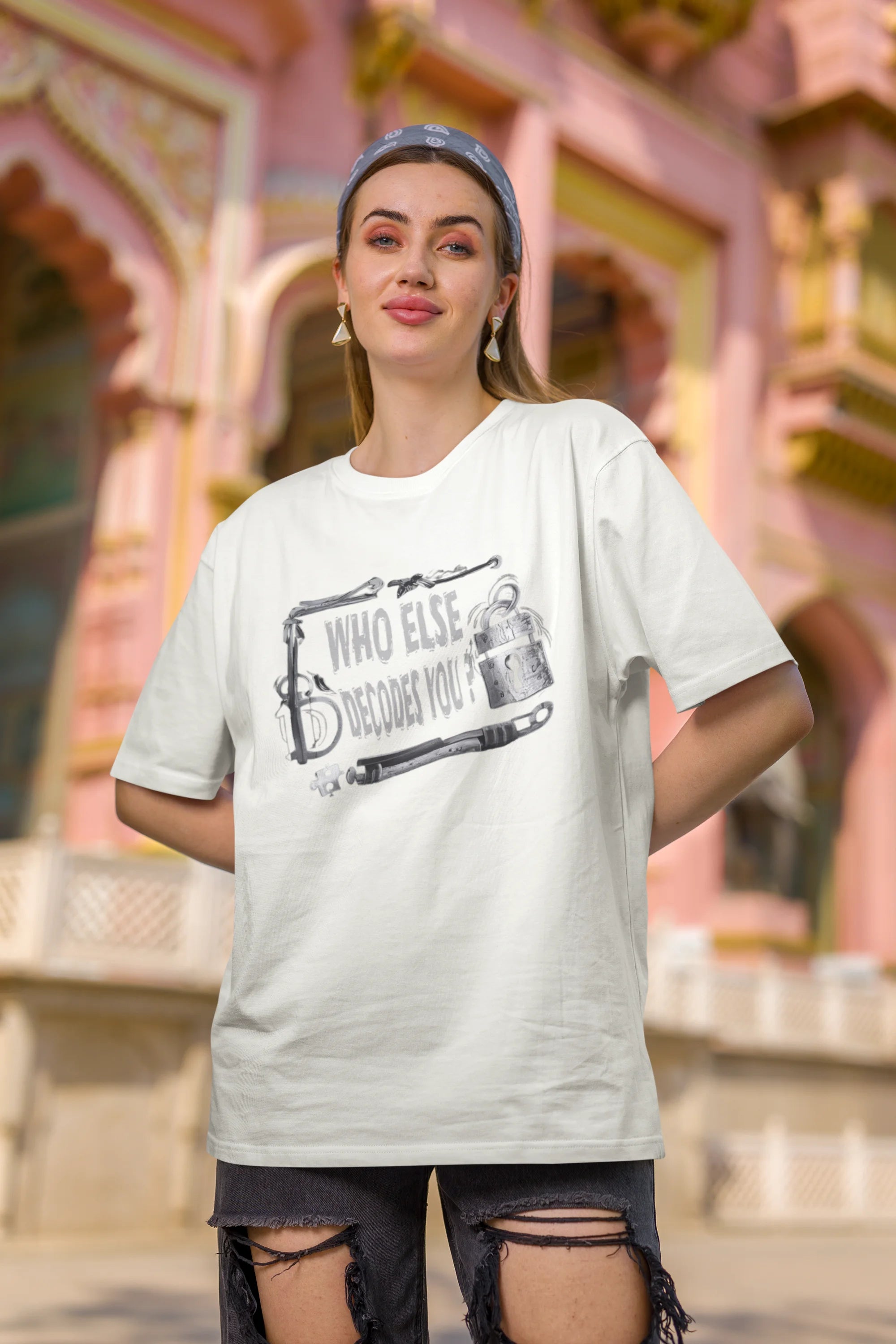 Second image of woman wearing off white coloured Oversized Taylor Swift T-Shirt featuring TTPD inspired design.