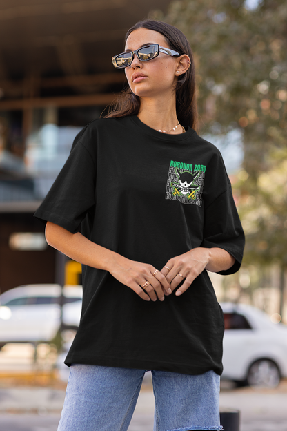 2nd front view of a female model wearing a black oversized t-shirt featuring Roronoa Zoro from the One Piece anime.