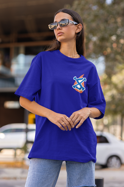 First front view of a female model wearing a royal blue oversized t-shirt featuring Sabo with the text "Flame Emperor."