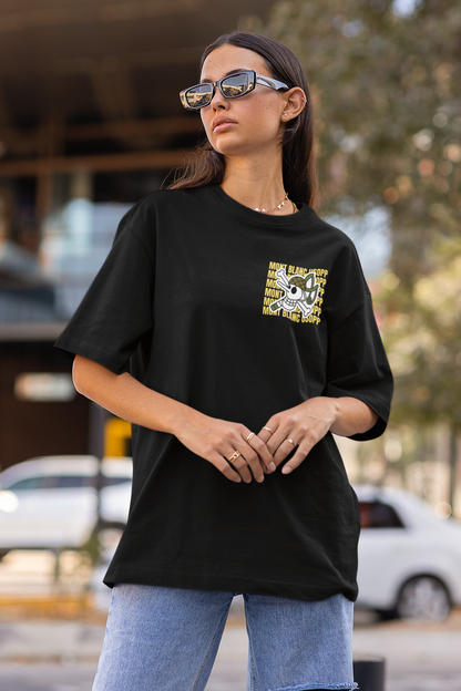 2nd front view of a female model wearing a black oversized t-shirt featuring Usopp from the One Piece anime.
