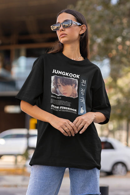 Side view of a female model wearing a black oversized t-shirt featuring a vibrant design inspired by BTS member Jungkook. Ideal for fans of BTS and K-Pop music in general.