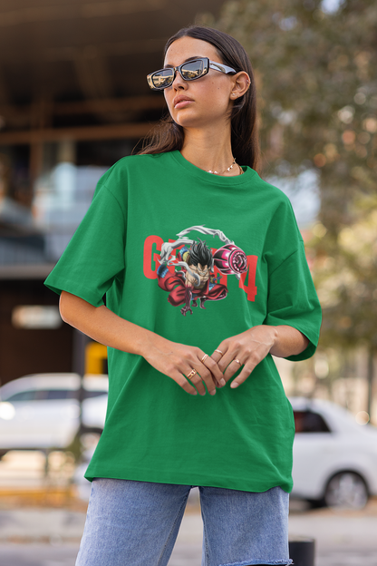 First front view of a female model wearing a forest green oversized t-shirt featuring Luffy in his Gear 4 Bounceman form from the One Piece anime.