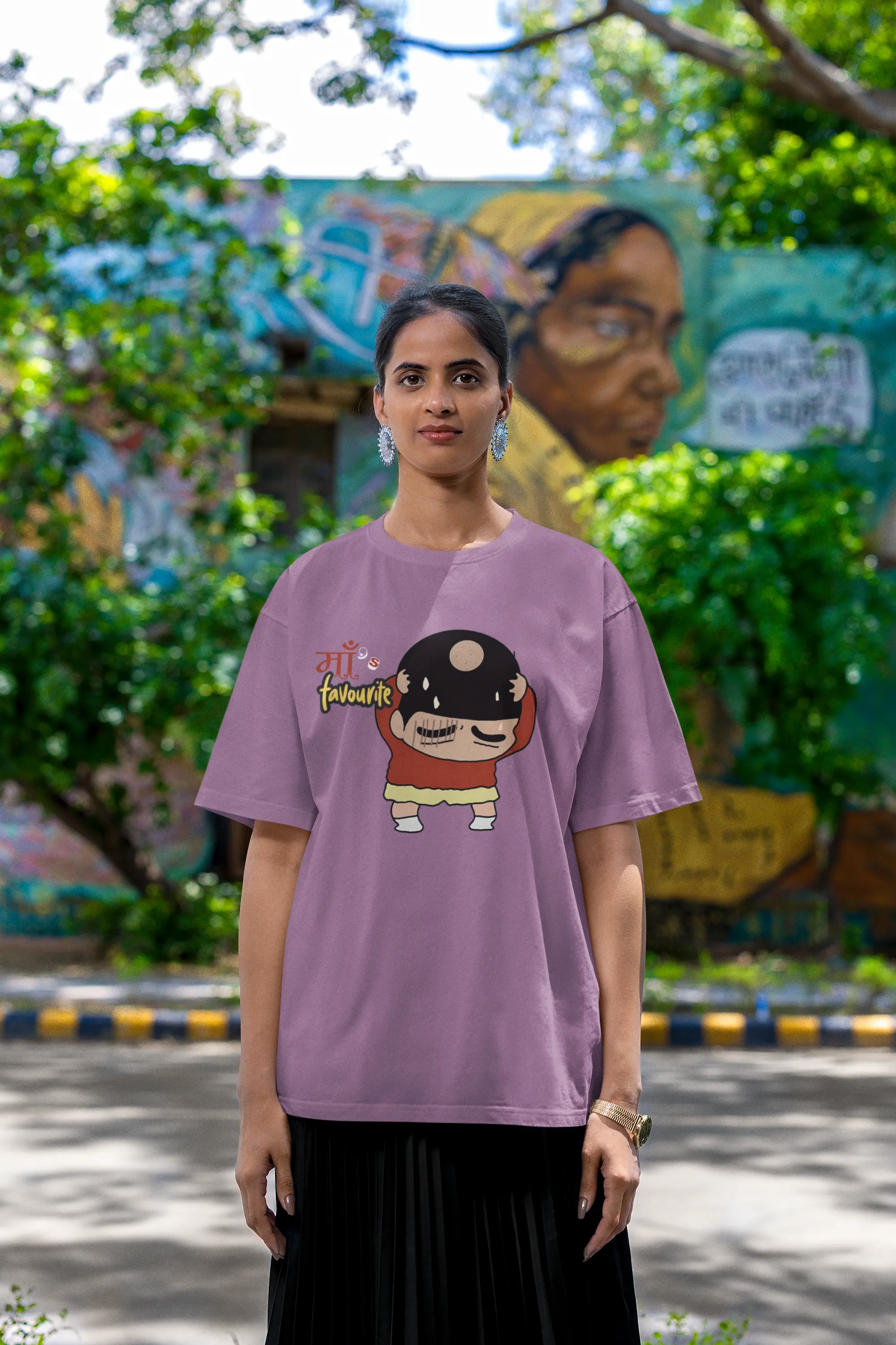 Fourth front view of female model wearing a dirty purple oversized tee featuring Shinchan with a classic bump on his head. A perfect blend of humor and nostalgia for Shinchan fans.