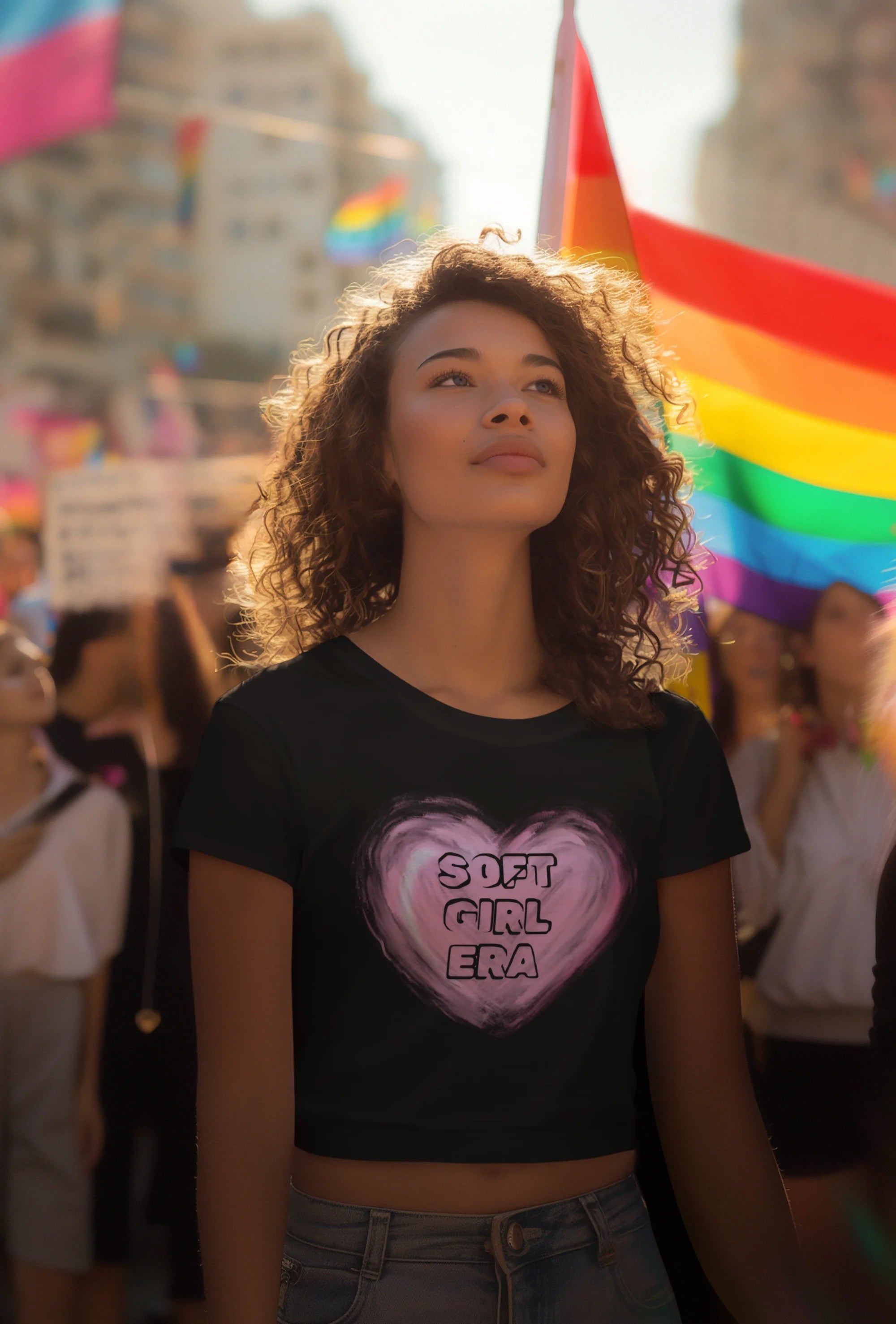 Third front view of a female model wearing a black crop top with a heart-shaped "soft girl era" design, embodying the soft girl aesthetic.