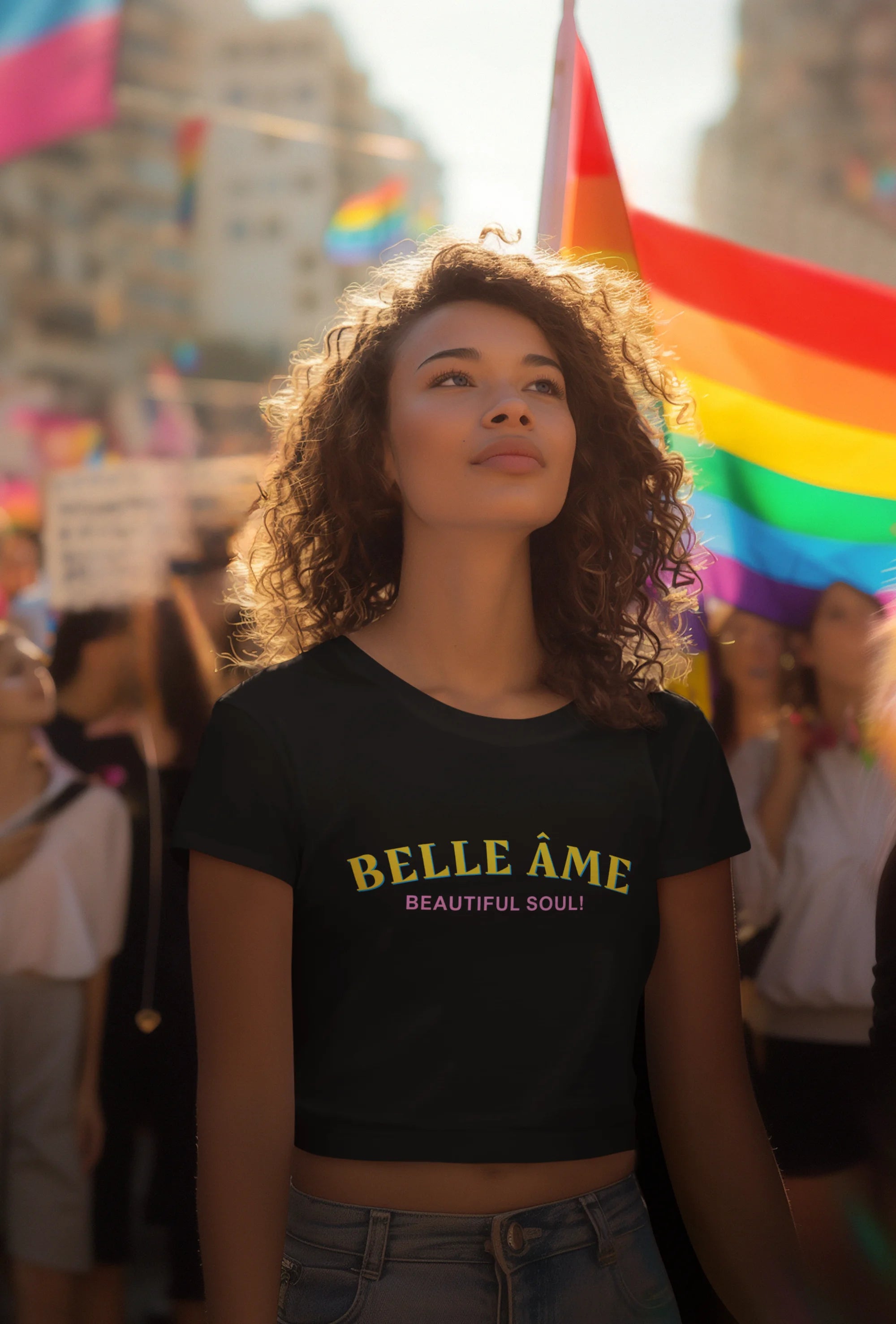 Third front view of female model wearing a black crop top with a "beautiful soul" design, embodying the Belle Ame spirit.