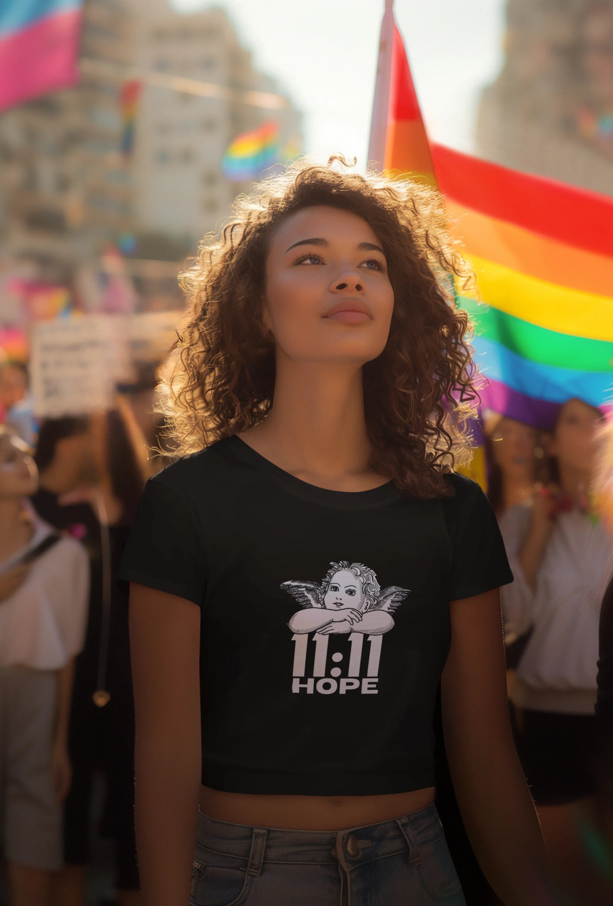 First front view of a female model wearing a black crop top with a baby angel design and "11:11 Hope" text, radiating positivity and hope.