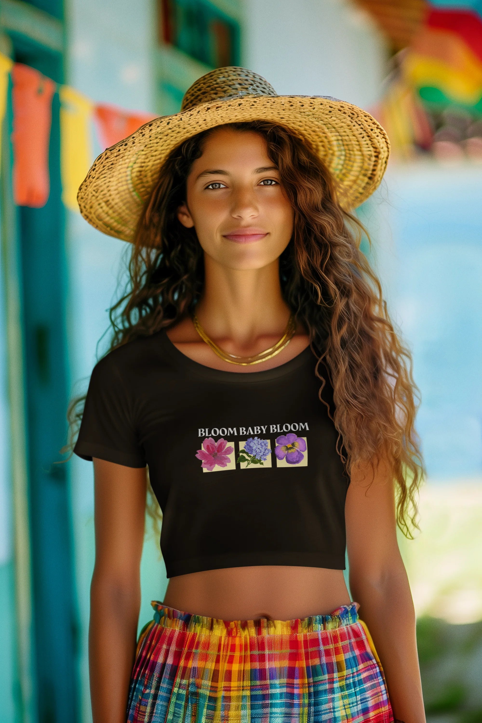 First front view of a female model wearing a black crop top with a floral "bloom baby bloom" design, exuding a cool and confident vibe.