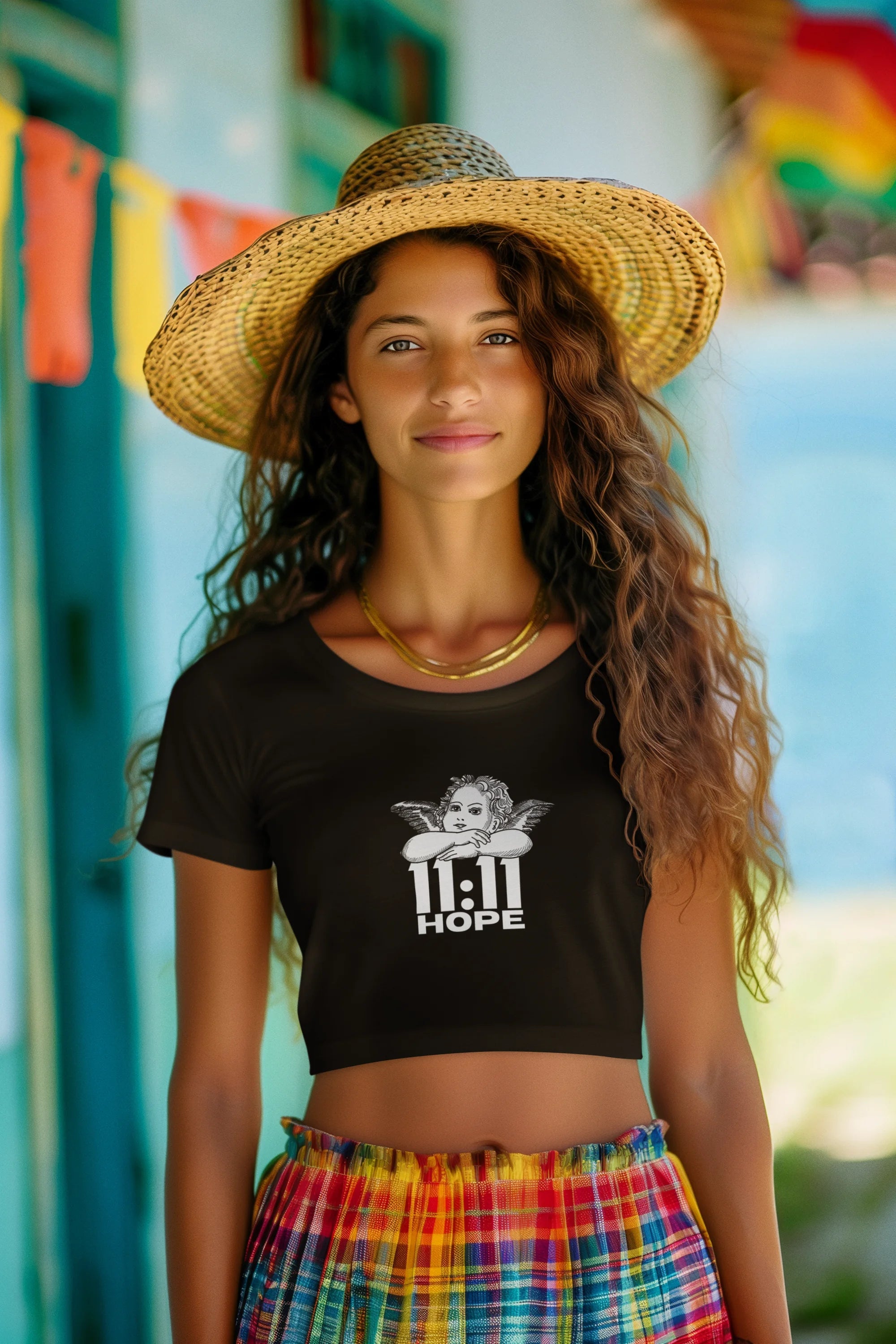 Third front view of a female model wearing a black crop top with a baby angel design and "11:11 Hope" text, radiating positivity and hope.