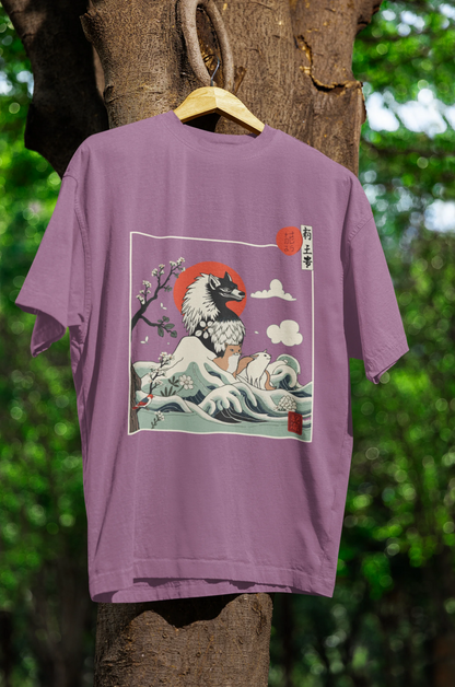 Back view of a dirty purple oversized tee with a design of a wolf surveying a Japanese landscape.