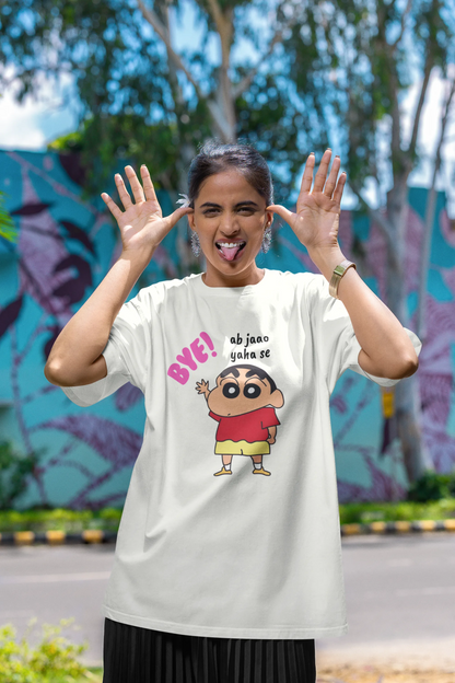 Third front view of an female model wearing an off-white oversized tee featuring Shinchan saying "Ab Jhao" in Hindi. A perfect blend of humor and nostalgia for Shinchan fans.