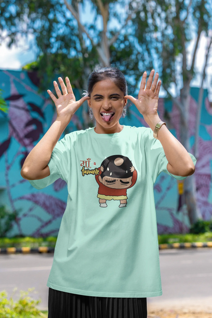 Second front view of female model wearing an mint green oversized tee featuring Shinchan with a classic bump on his head. A perfect blend of humor and nostalgia for Shinchan fans.