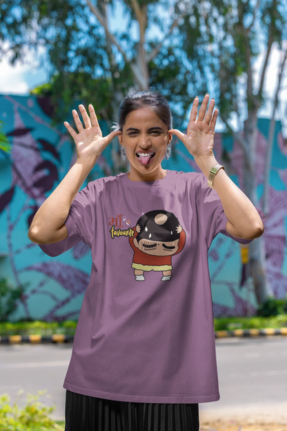 Second front view of female model wearing a dirty purple oversized tee featuring Shinchan with a classic bump on his head. A perfect blend of humor and nostalgia for Shinchan fans.