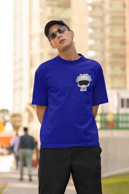 First front view of a male model wearing a royal blue oversized t-shirt featuring Gojo Satoru from Jujutsu Kaisen with the text "Satoru Gojo."