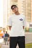 Second front view of a male model wearing a off-white oversized t-shirt featuring a fun 