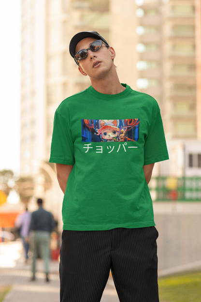2nd front view a male model wearing a forest green oversized t-shirt featuring Tony Chopper from the One Piece anime.
