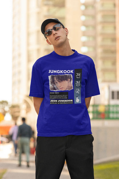 Second front view of a male model wearing a royal blue oversized t-shirt featuring a vibrant design inspired by BTS member Jungkook. Ideal for fans of BTS and K-Pop music in general.
